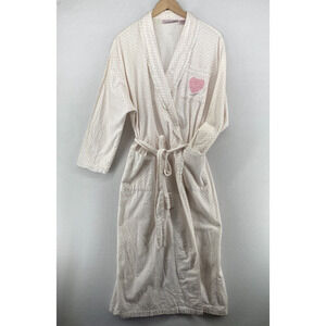REBECCA LYNN Robe XL Cotton Flannel Polka Dot Wrap Long Sleeve Tie Belt White